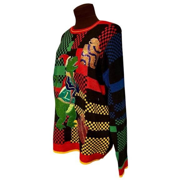 Ugly Christmas Sweater Dinosaur T-Rex Dino Santa Hat Plaid, Mens size Large - Picture 6 of 10